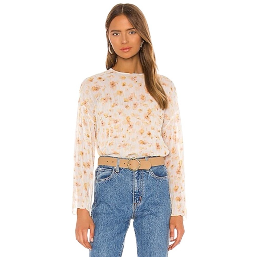 VINCE Pressed Petal Blouse Yellow Floral Pleated Crinkle Semi Sheer Top‎ Shirt L